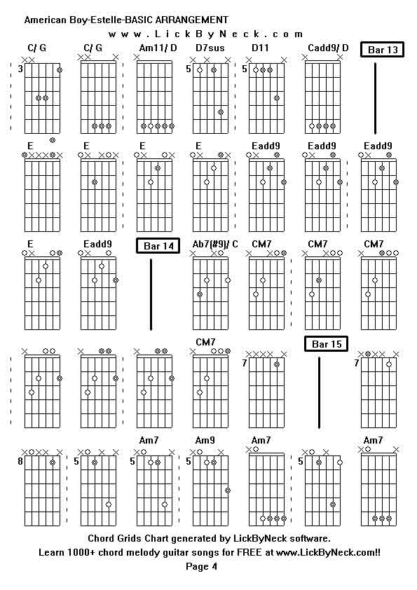 Chord Grids Chart of chord melody fingerstyle guitar song-American Boy-Estelle-BASIC ARRANGEMENT,generated by LickByNeck software.